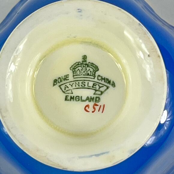 Aynsley England Bone China Teacup Saucer Set C511 Blue Floral Embossed Gold Trim - Picture 8 of 15
